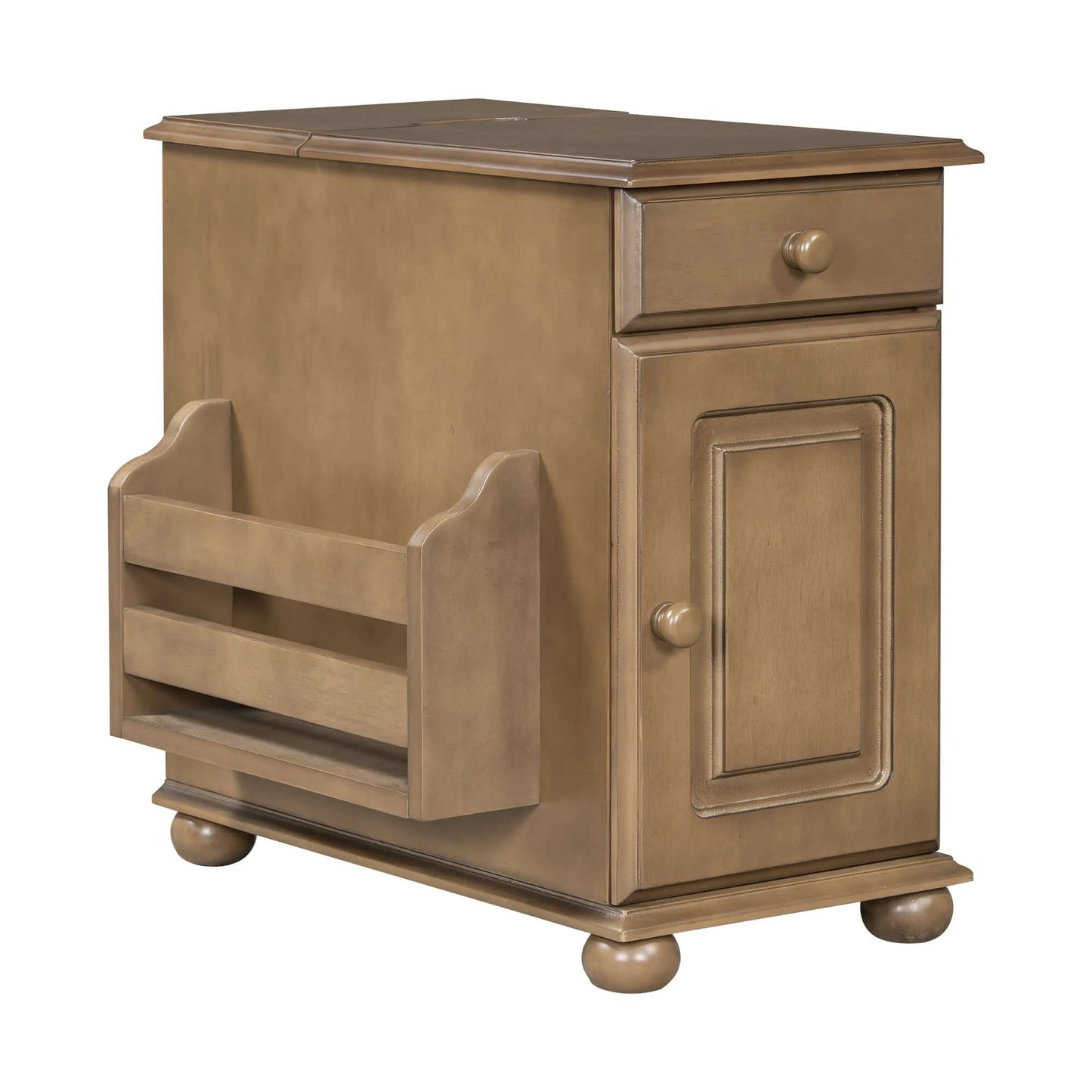 Wooden end table with a magazine holder, drawer and cabinet on a white background