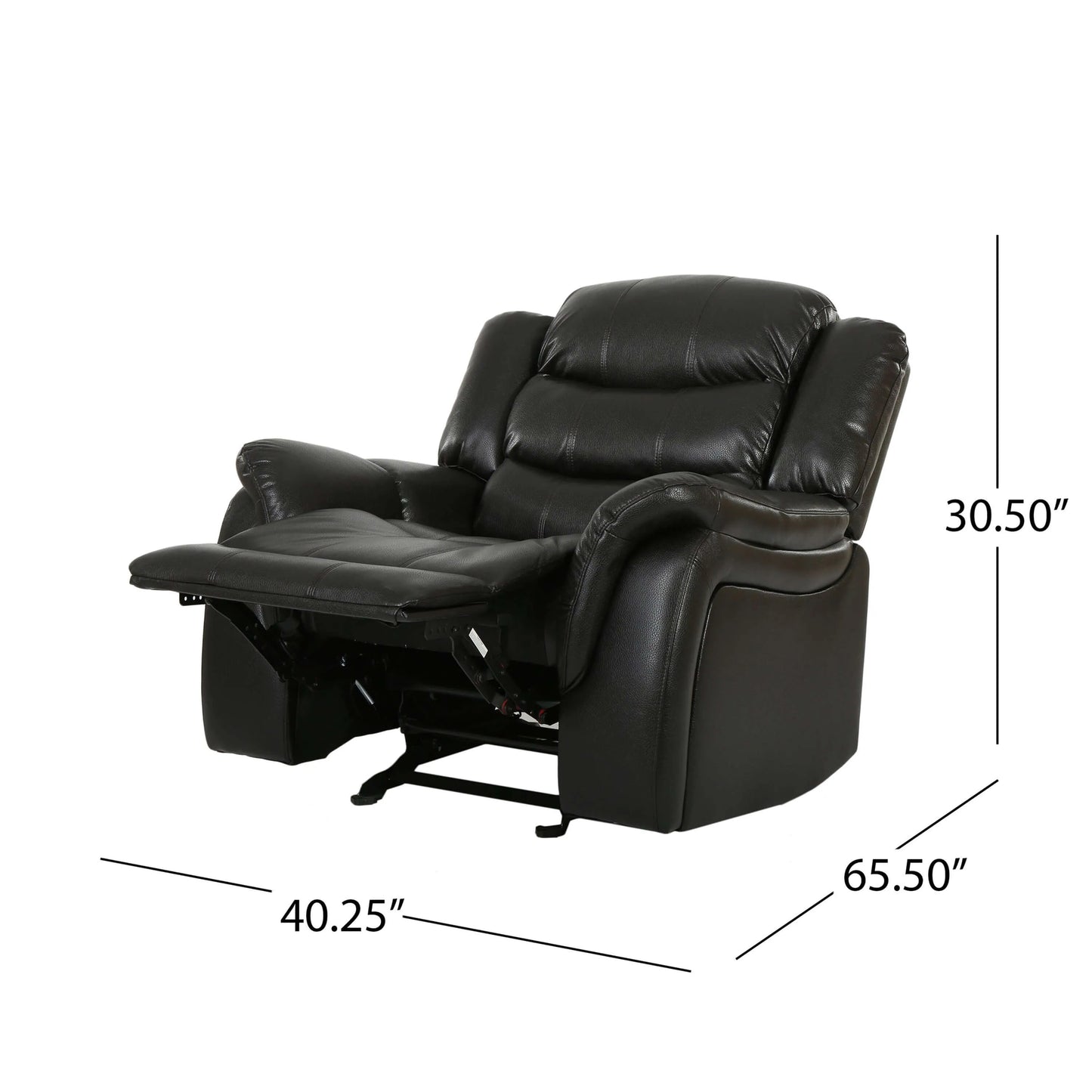 Black faux leather glider recliner chair in a reclining position with dimensions on a white background