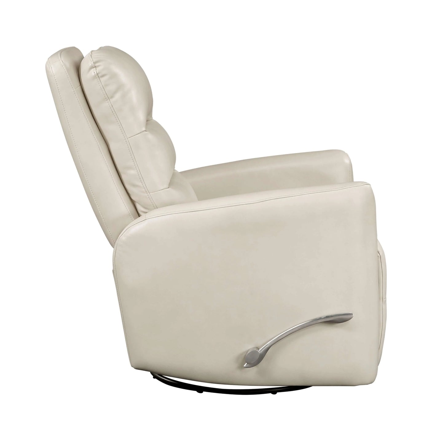 Beige recliner chair showing manual control component on a white background