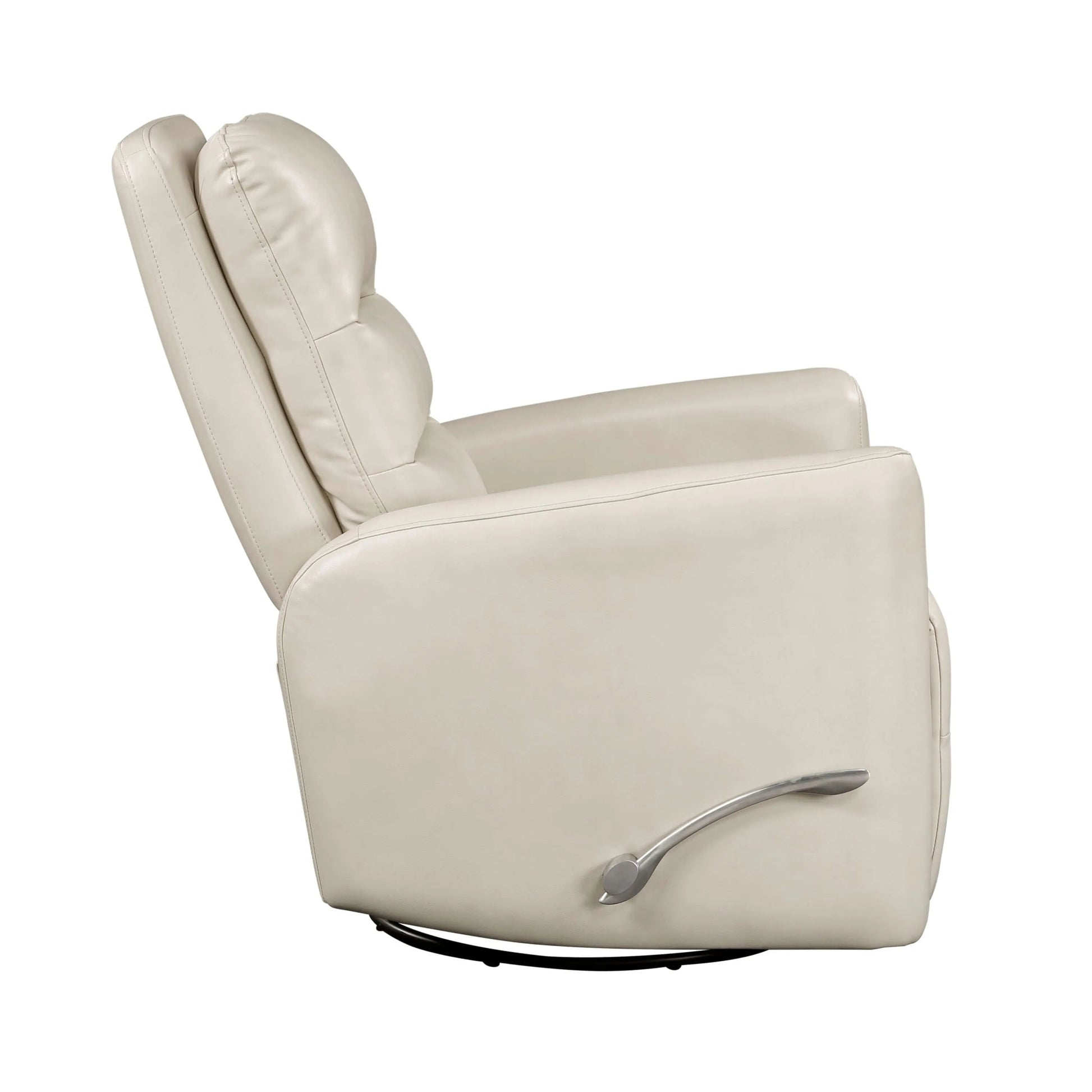 Beige recliner chair showing manual control component on a white background
