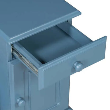 Blue end table with an open drawer on a white background