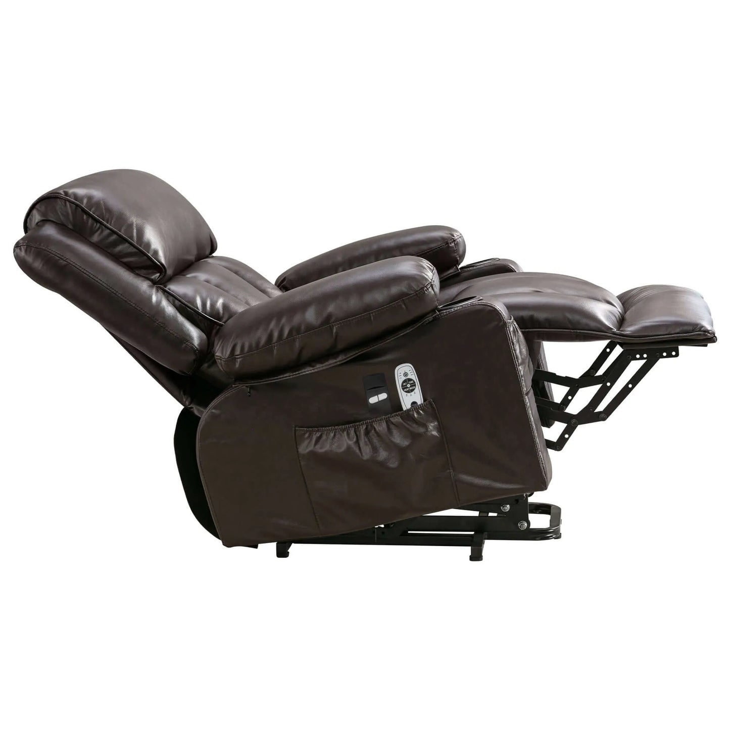 Side view of a brown leather recliner chair fully reclined with storage pocket on a white background