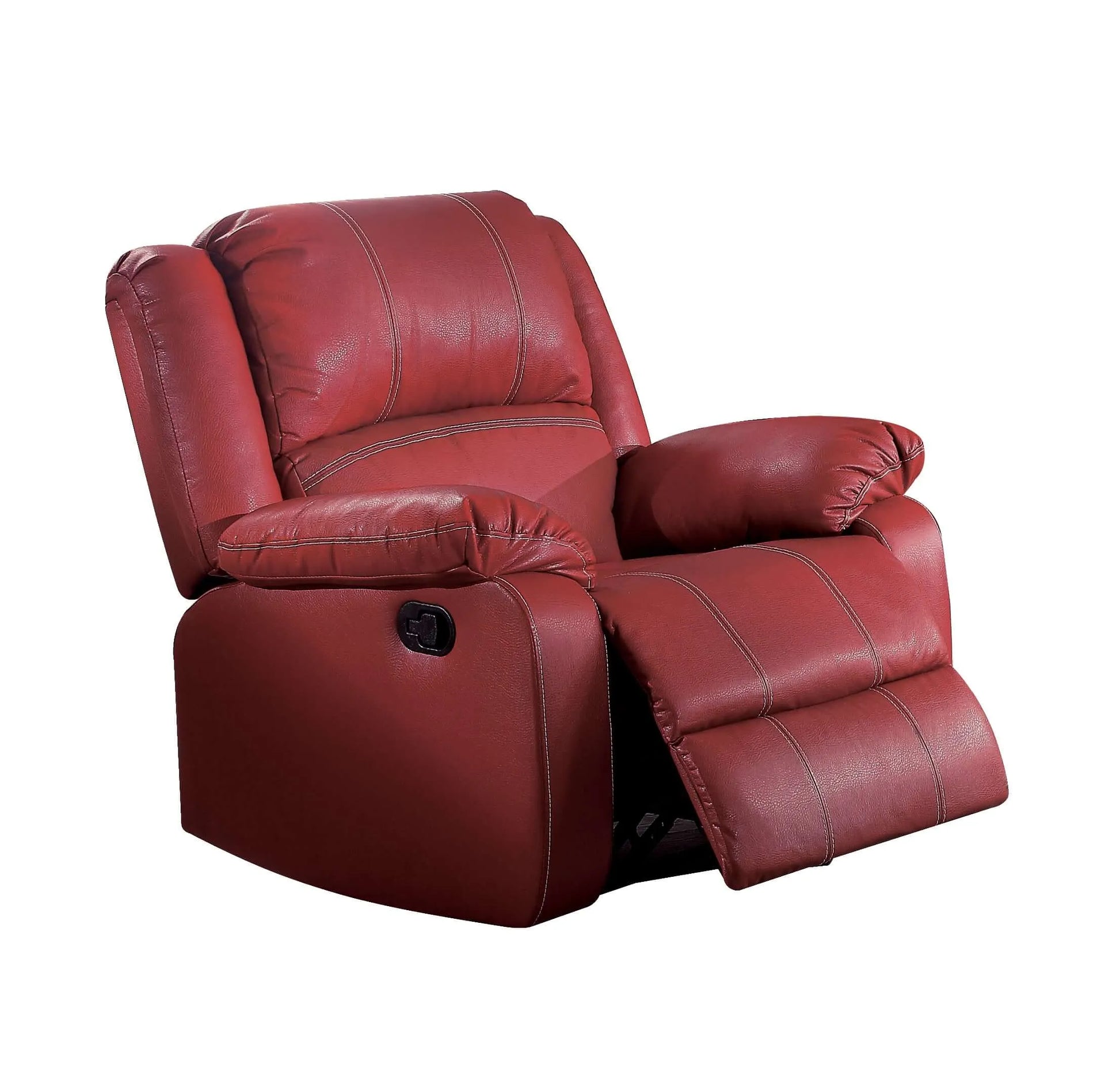 Red leather recliner chair with pillow top arms and footrest extended on a white background