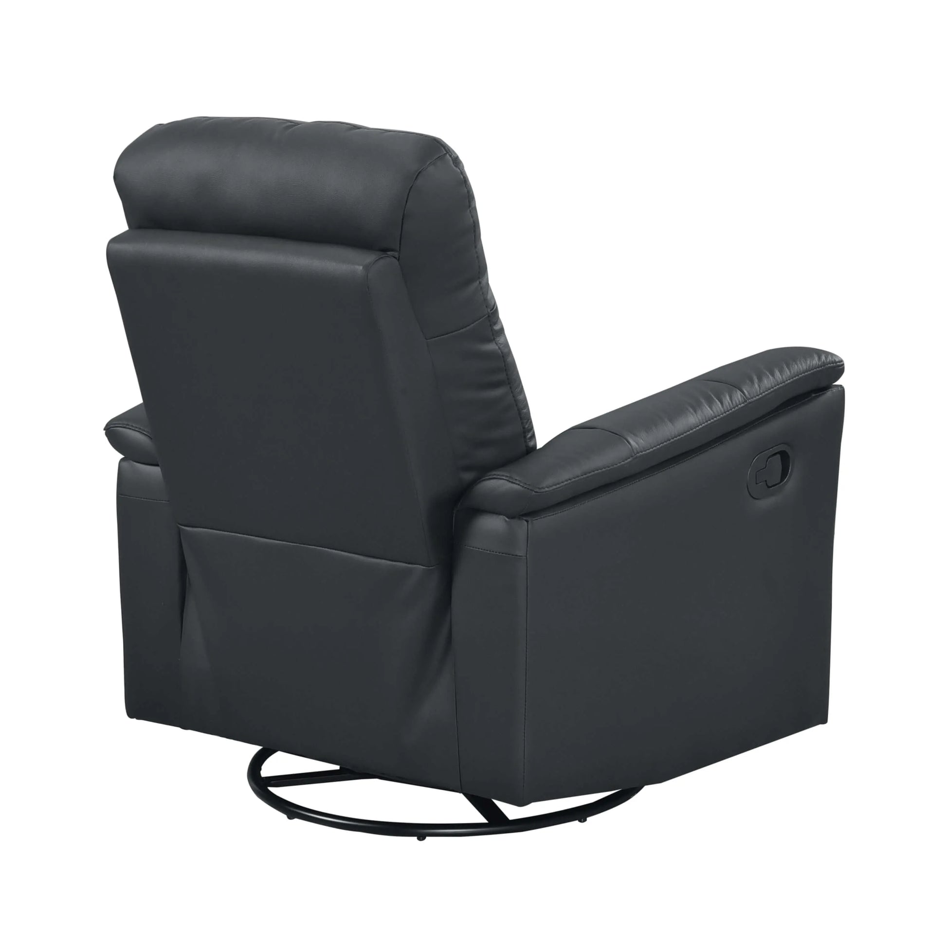 Black leather recliner chair with round black metal swivel base on a white background