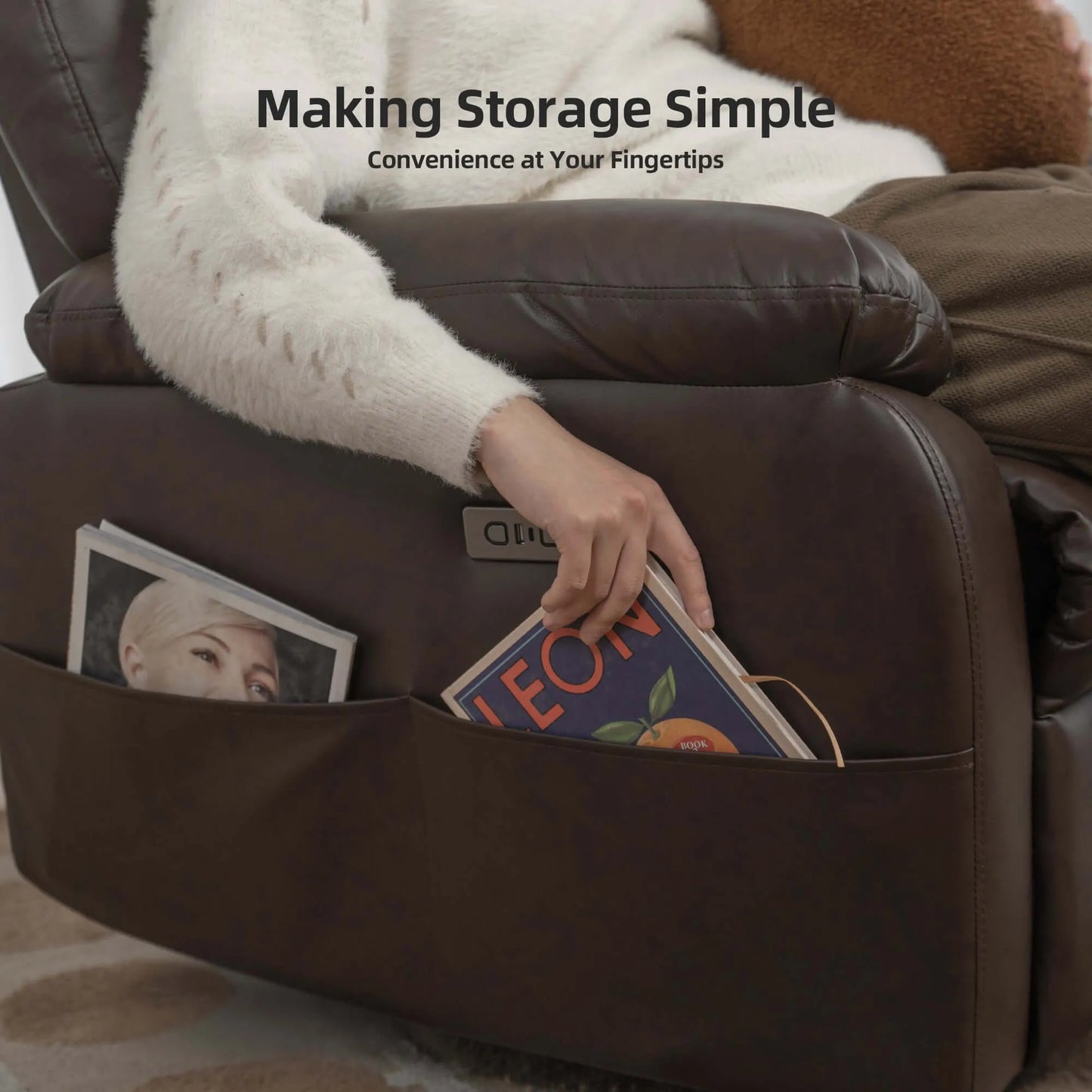 Brown recliner with a magazine holder containing books, with text 'Making Storage Simple' on a white background.