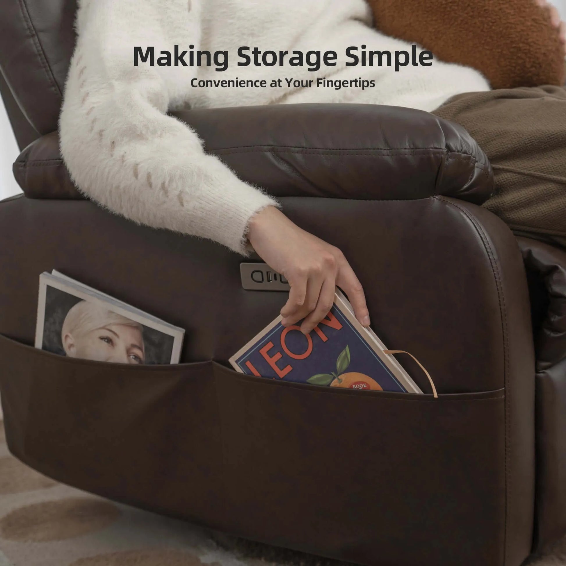 Brown recliner with a magazine holder containing books, with text 'Making Storage Simple' on a white background.