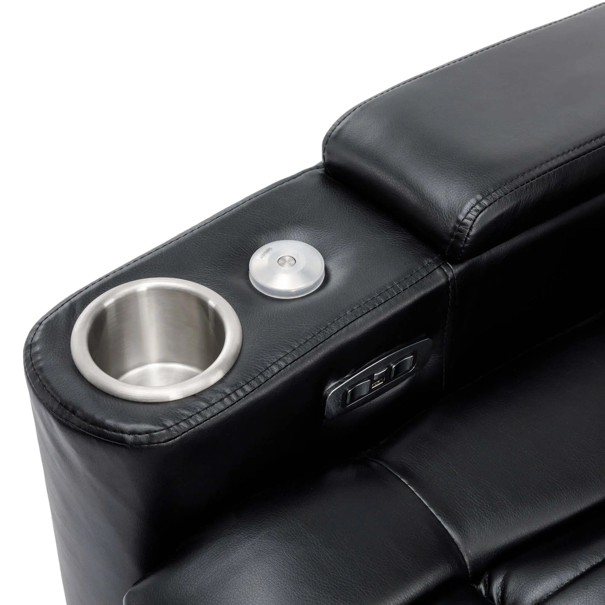 Black leather recliner chair with cup holder and USB port on a white background