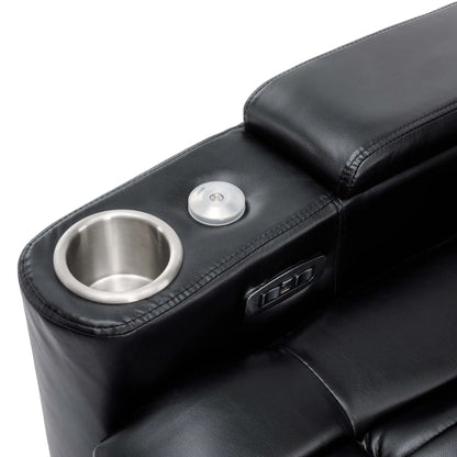 Black leather recliner chair with cup holder and USB port on a white background