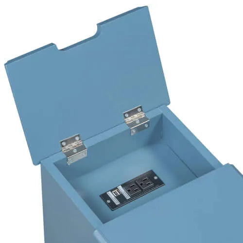Blue end table with a hinged lid and electronic components inside on a white background