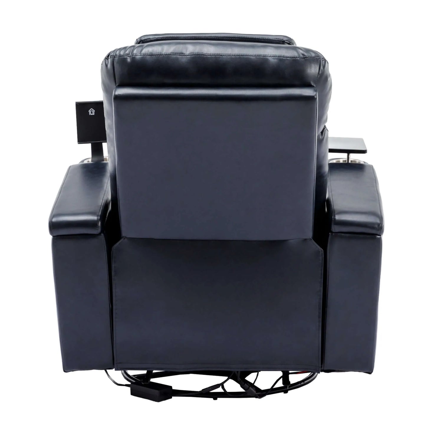 Back side of a blue recliner chair with cup holders on a white background