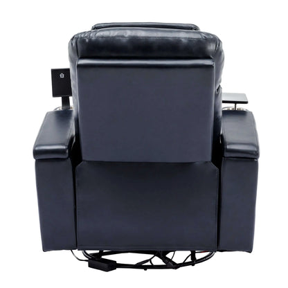 Back side of a blue recliner chair with cup holders on a white background