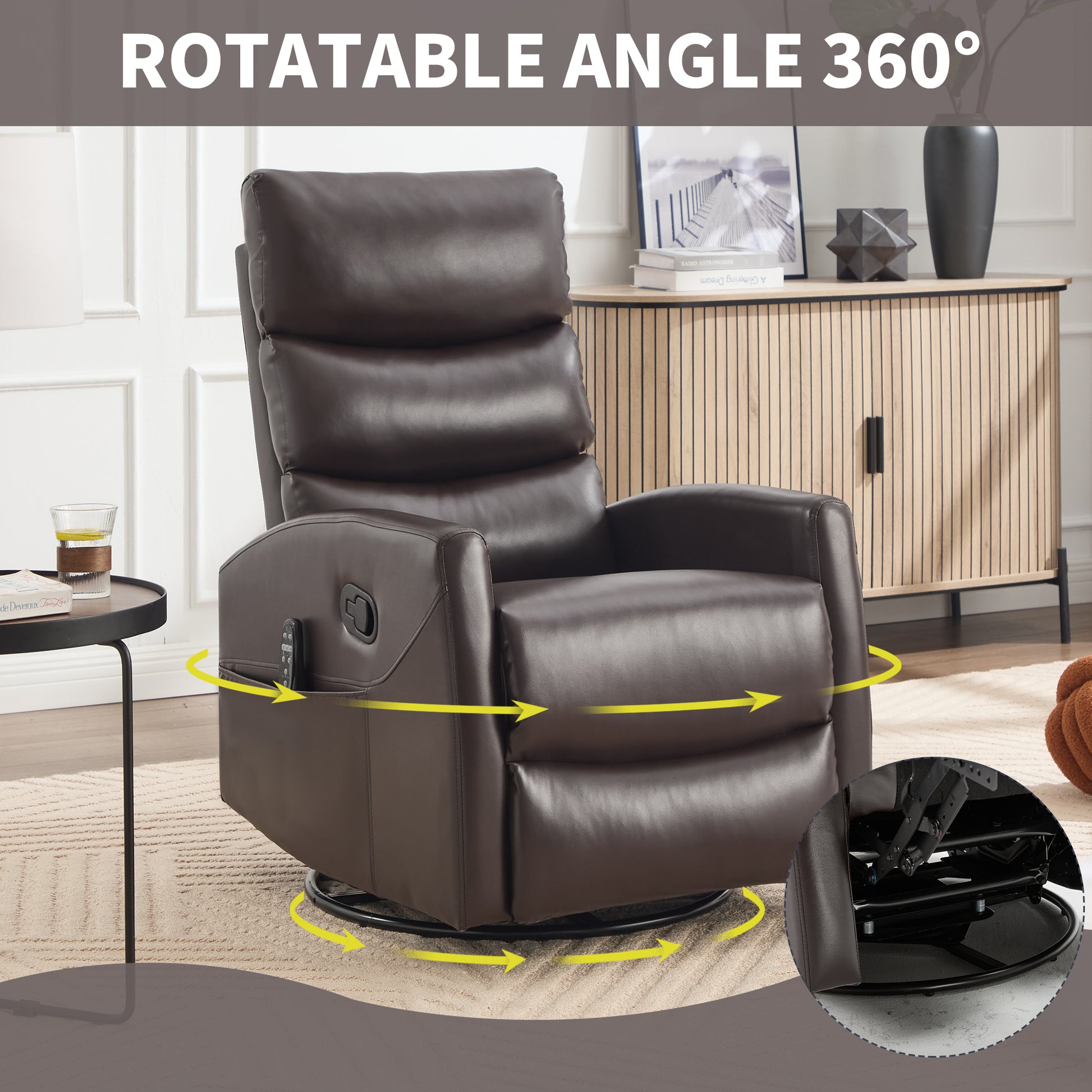 Brown leather recliner chair with rotatable angle feature in a living room setting.