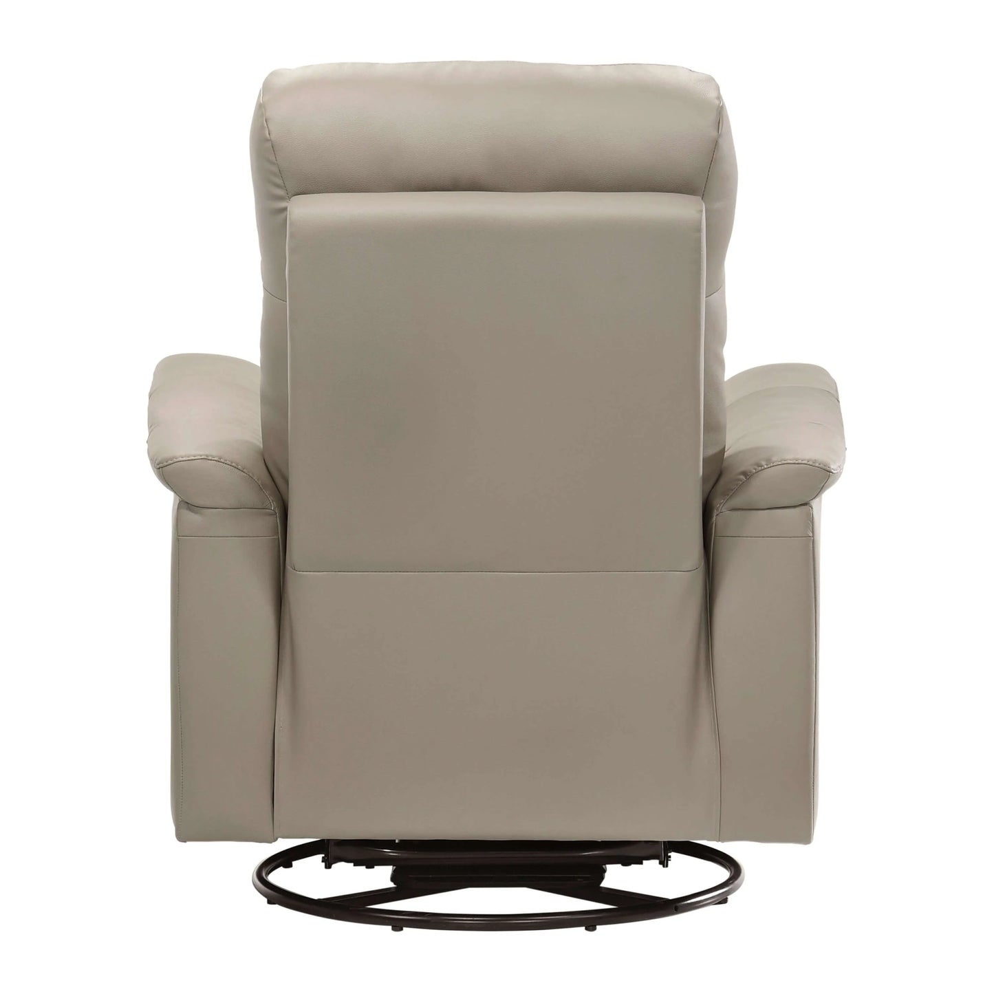 Back view of a latte brown recliner chair with round metal base on a white background