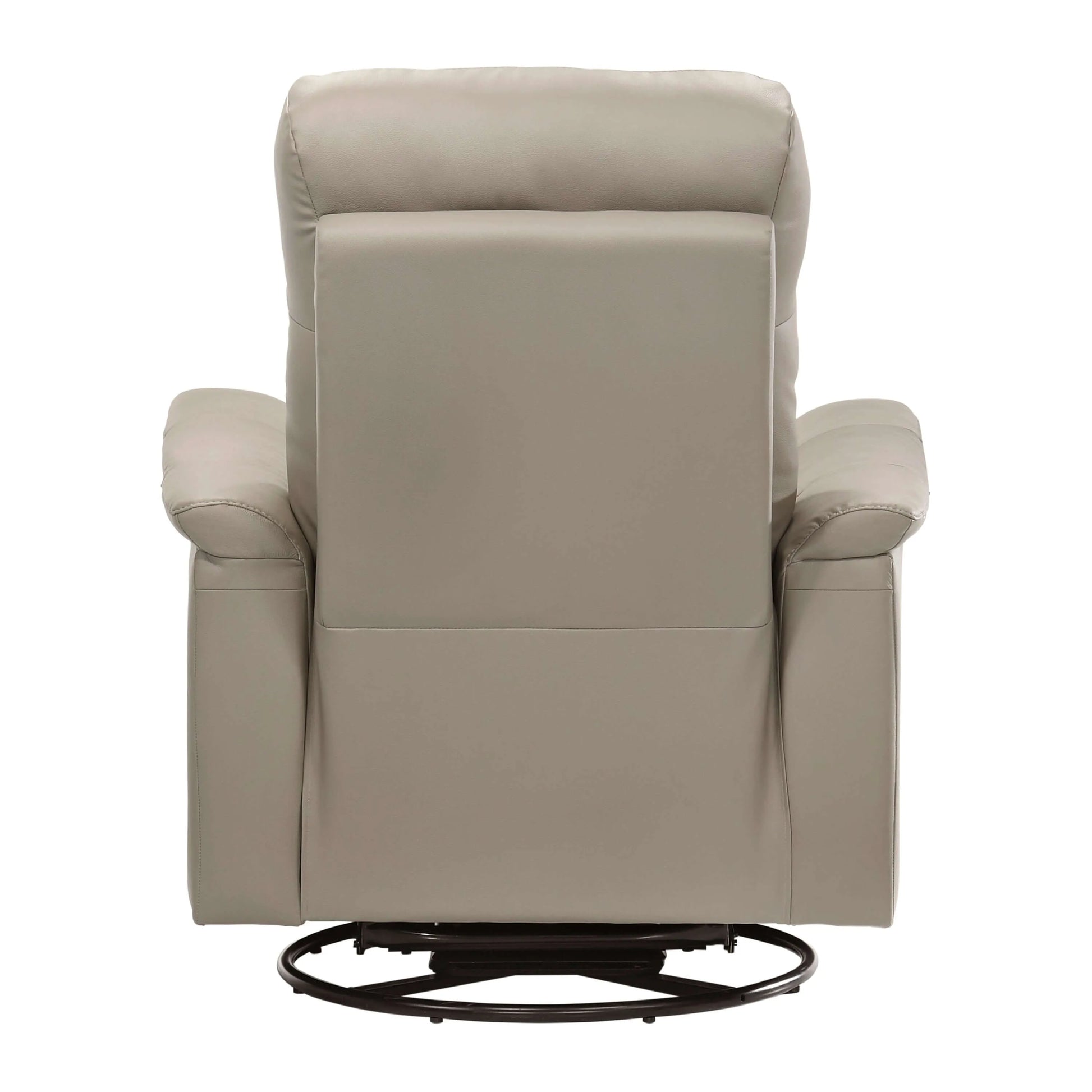 Back view of a latte brown recliner chair with round metal base on a white background