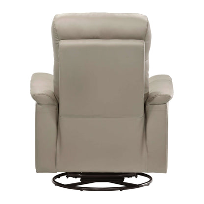 Back view of a latte brown recliner chair with round metal base on a white background