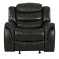 Front view of a black faux leather glider recliner chair on a white background