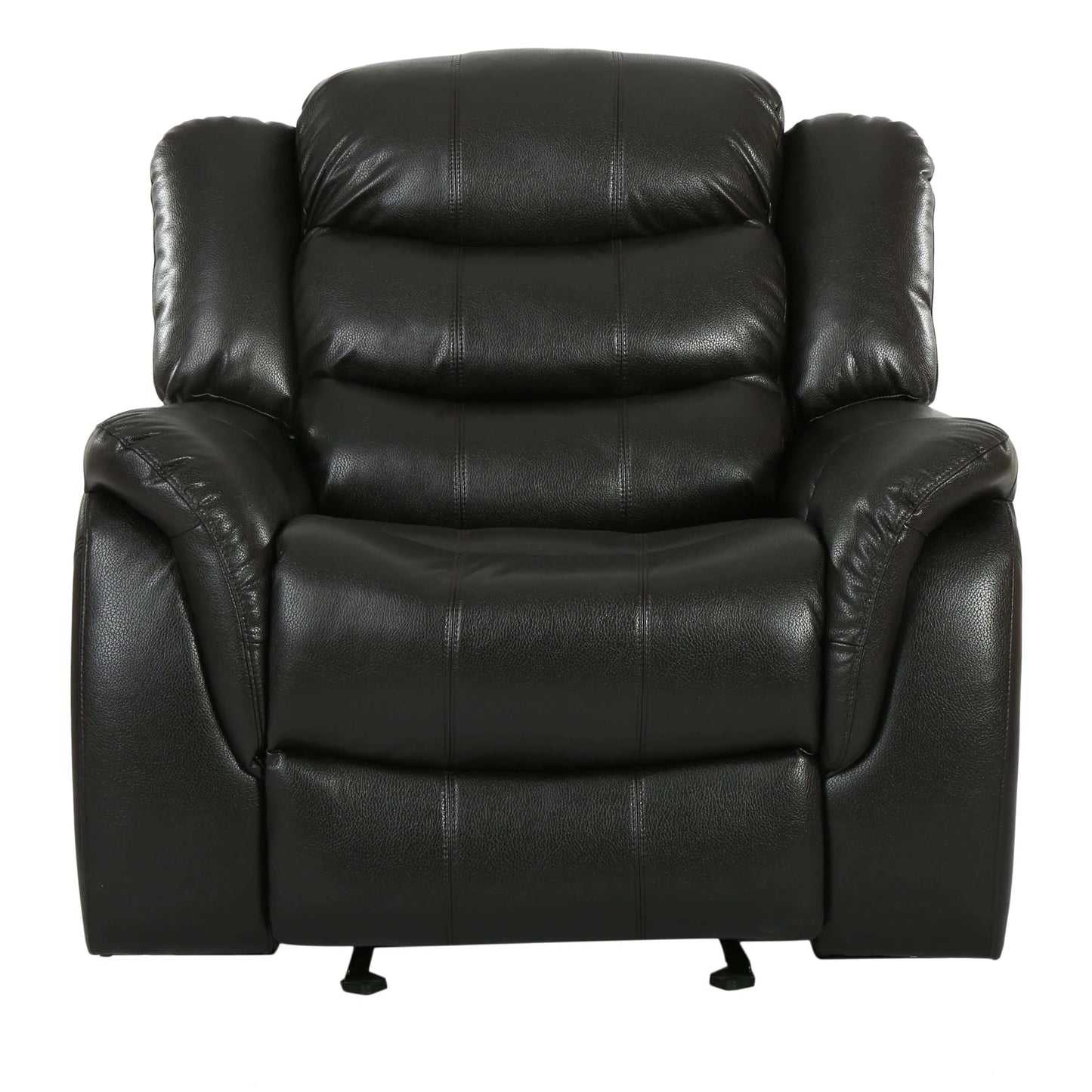Front view of a black faux leather glider recliner chair on a white background