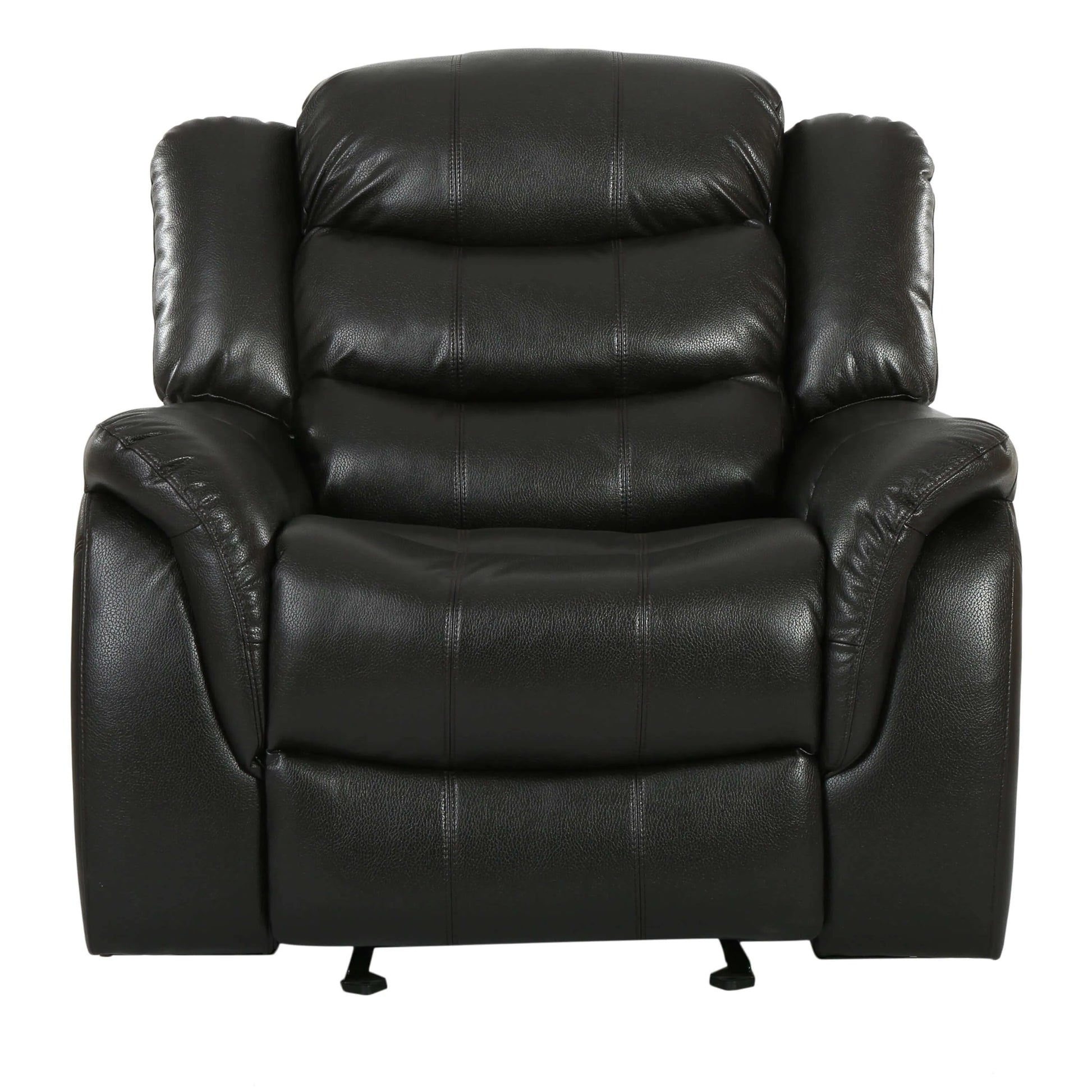 Front view of a black faux leather glider recliner chair on a white background