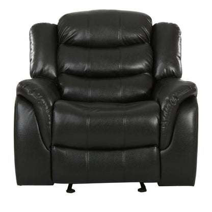 Front view of a black faux leather glider recliner chair on a white background