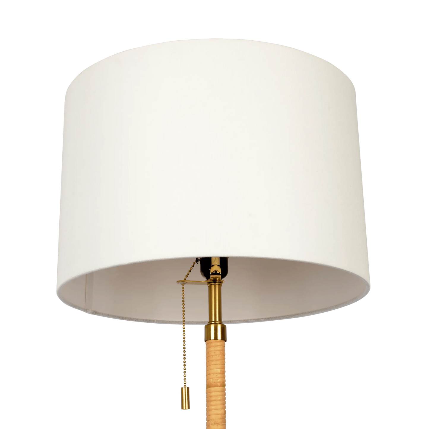 Close up of floor lamp white drum shade on a white background