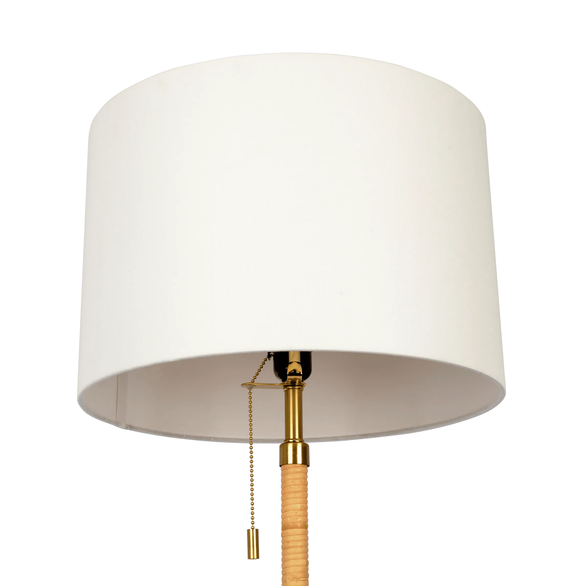 Close up of floor lamp white drum shade on a white background