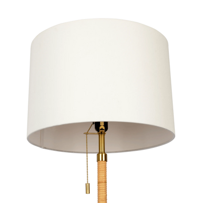 Close up of floor lamp white drum shade on a white background