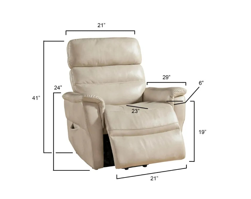 Cream color recliner chair with dimensions labeled on a white background