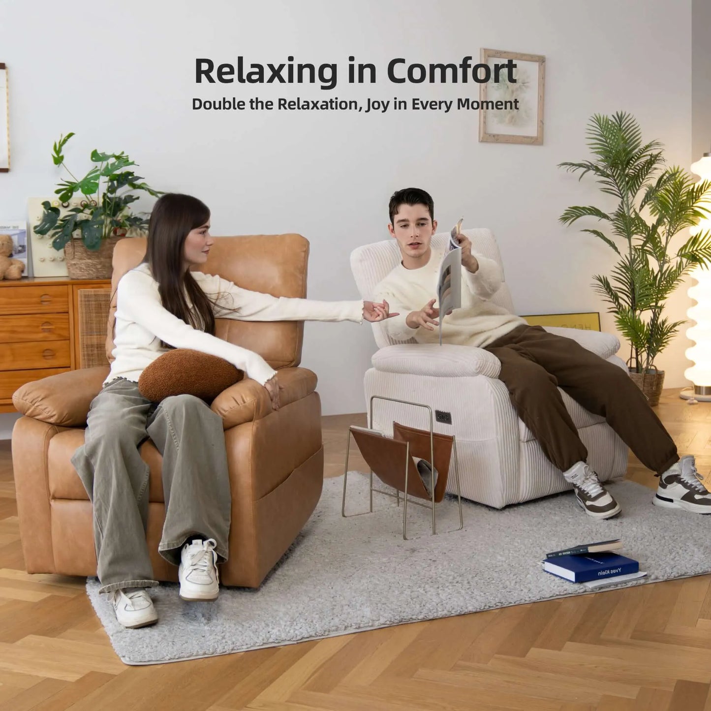 Two people sitting in recliner chairs with a quote about relaxation and joy in a home setting.