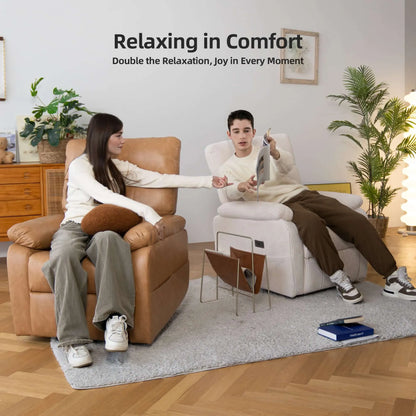 Two people sitting in recliner chairs with a quote about relaxation and joy in a home setting.
