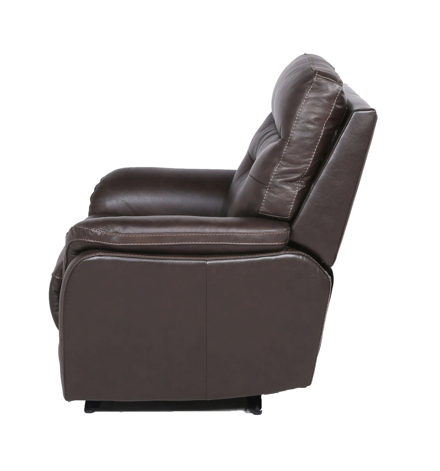 Side view of a brown leather recliner chair on a white background