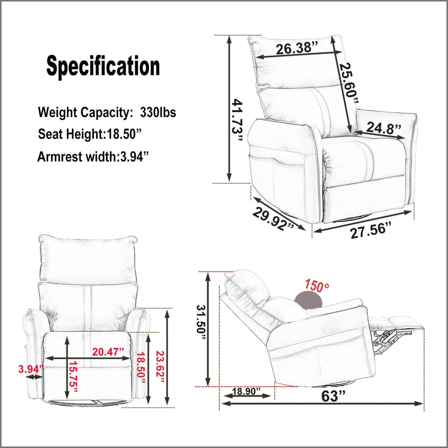 Recliner chair with detailed dimensions and specifications on a white background
