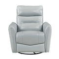 Light blue recliner chair with round black base on a white background