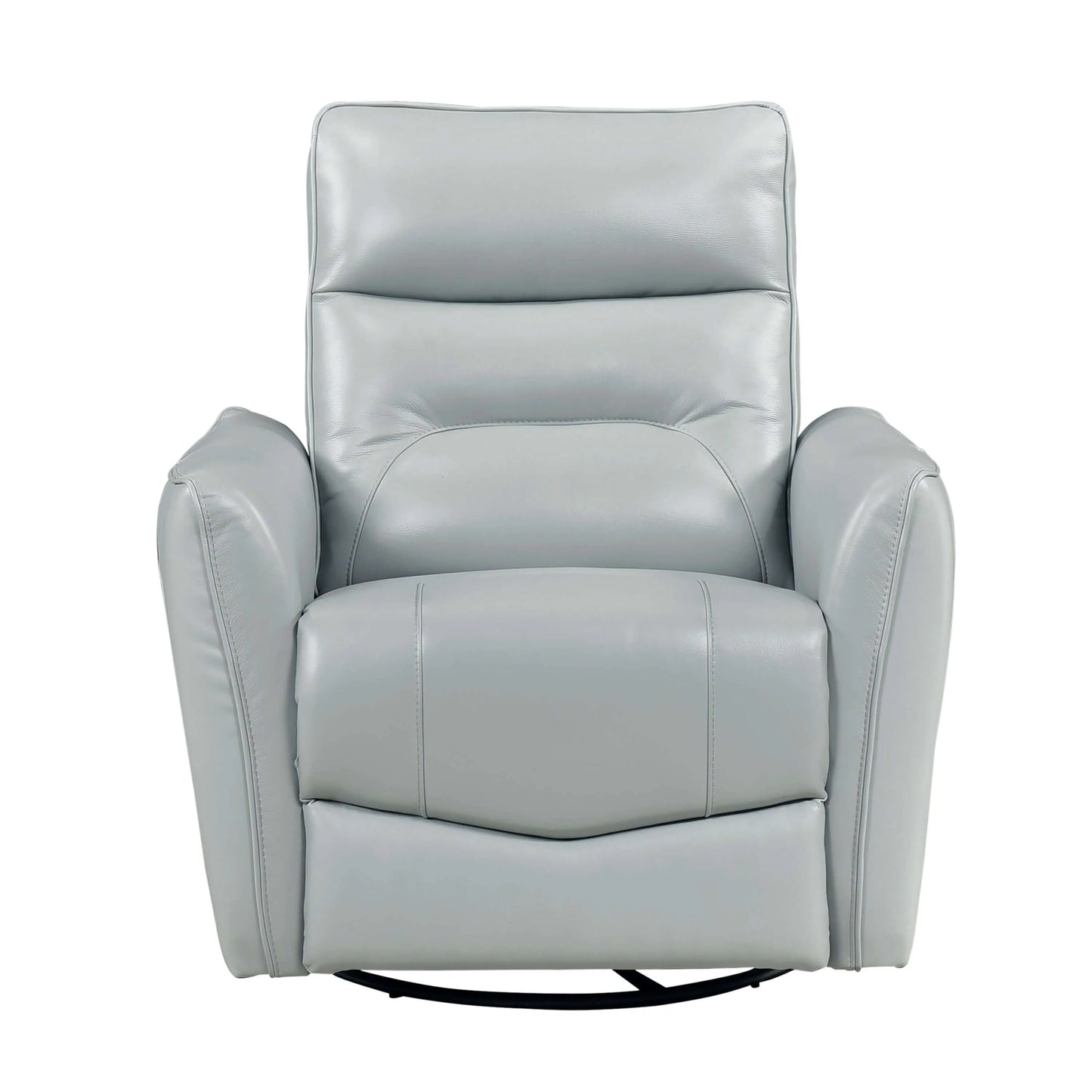 Light blue recliner chair with round black base on a white background
