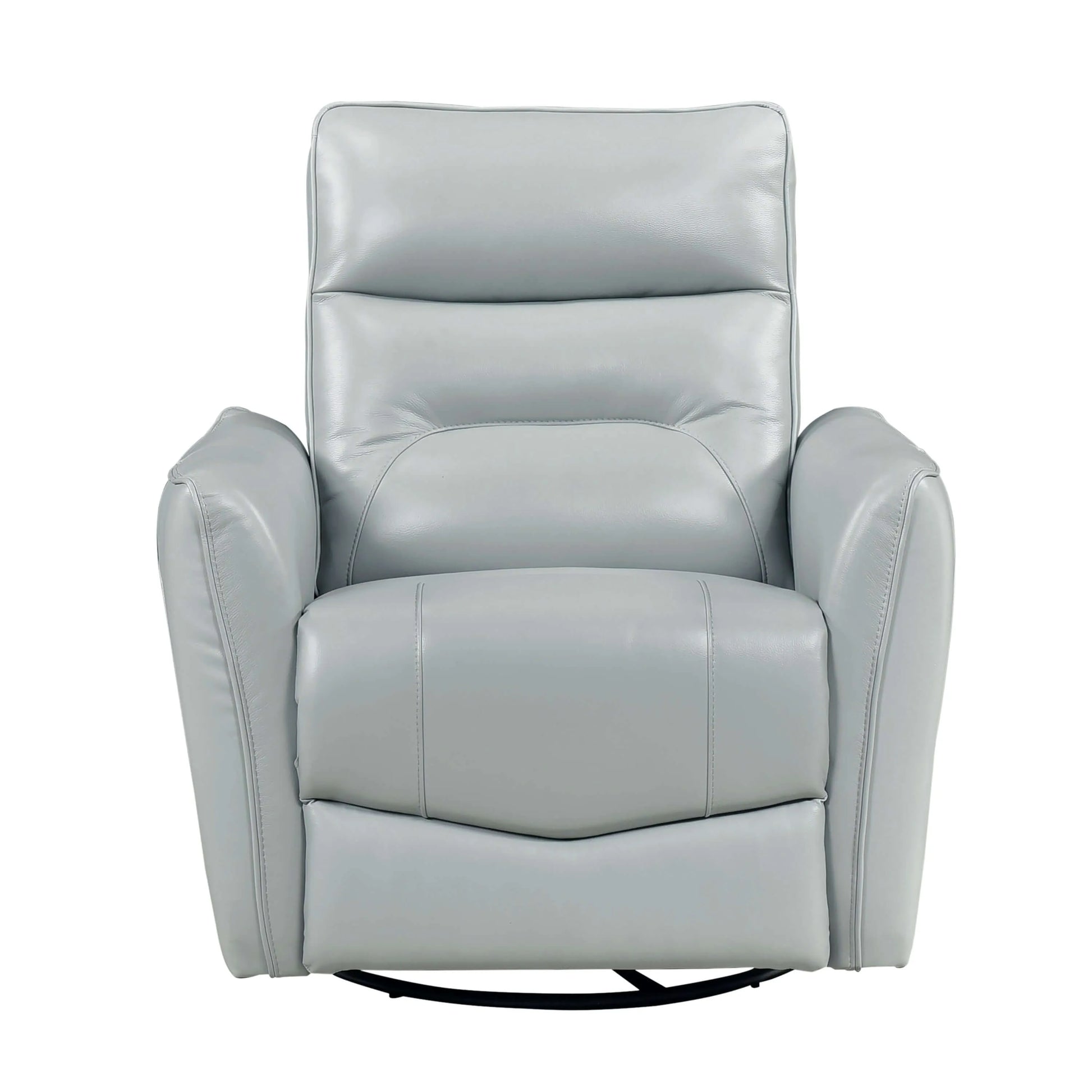 Light blue recliner chair with round black base on a white background