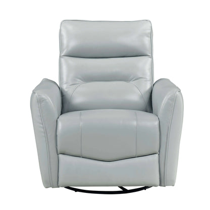 Light blue recliner chair with round black base on a white background
