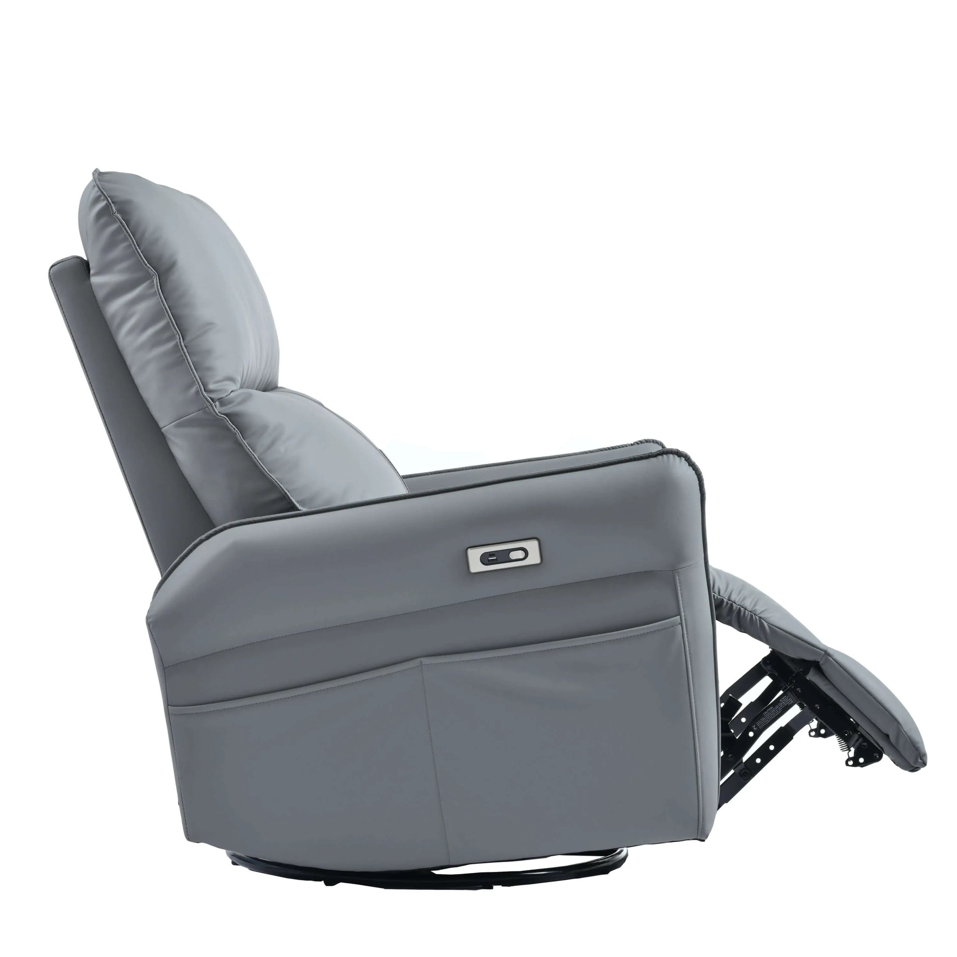 Side view of a blue gray recliner chair with footrest extended on a white background