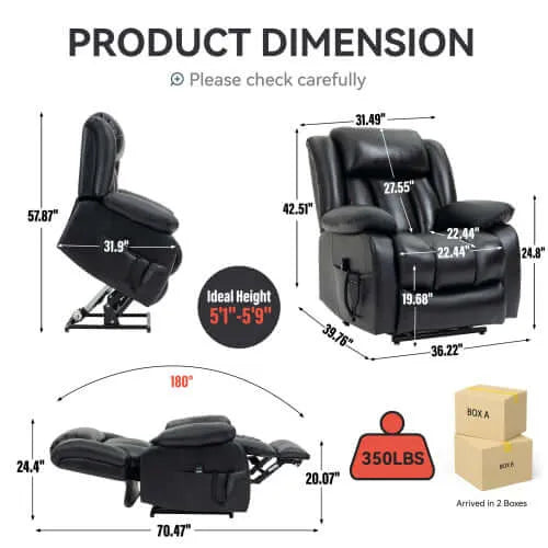 Black recliner chair with dimensions and product details on a white background