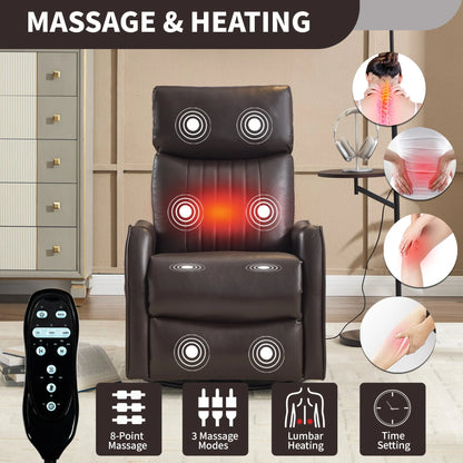 Massage and heating recliner chair with remote control and feature icons in a home setting.