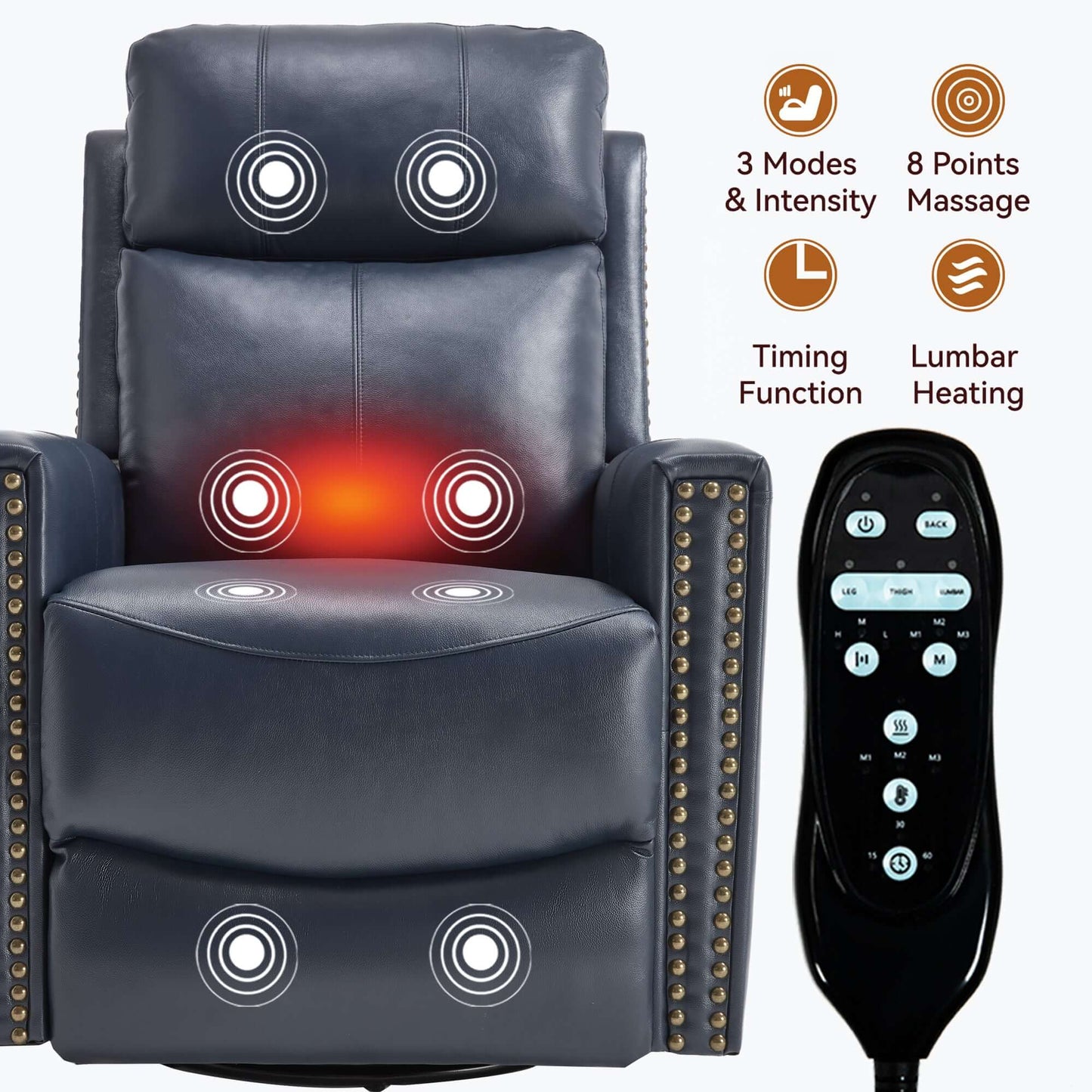 Blue Recliner w/ Heat, Massage, Rocker & Swivel – Manual