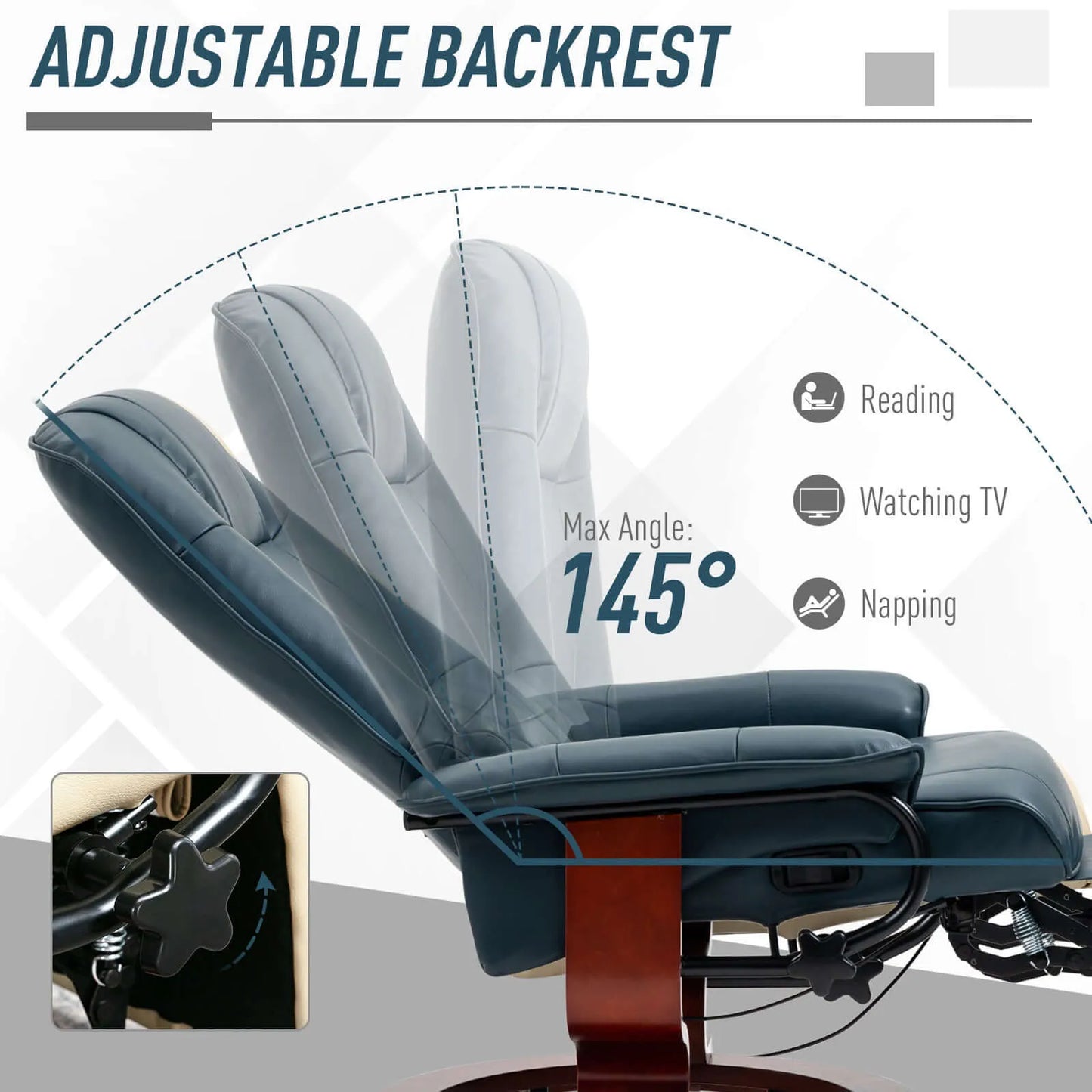 Blue recliner chair with adjustable backrest feature on a white background