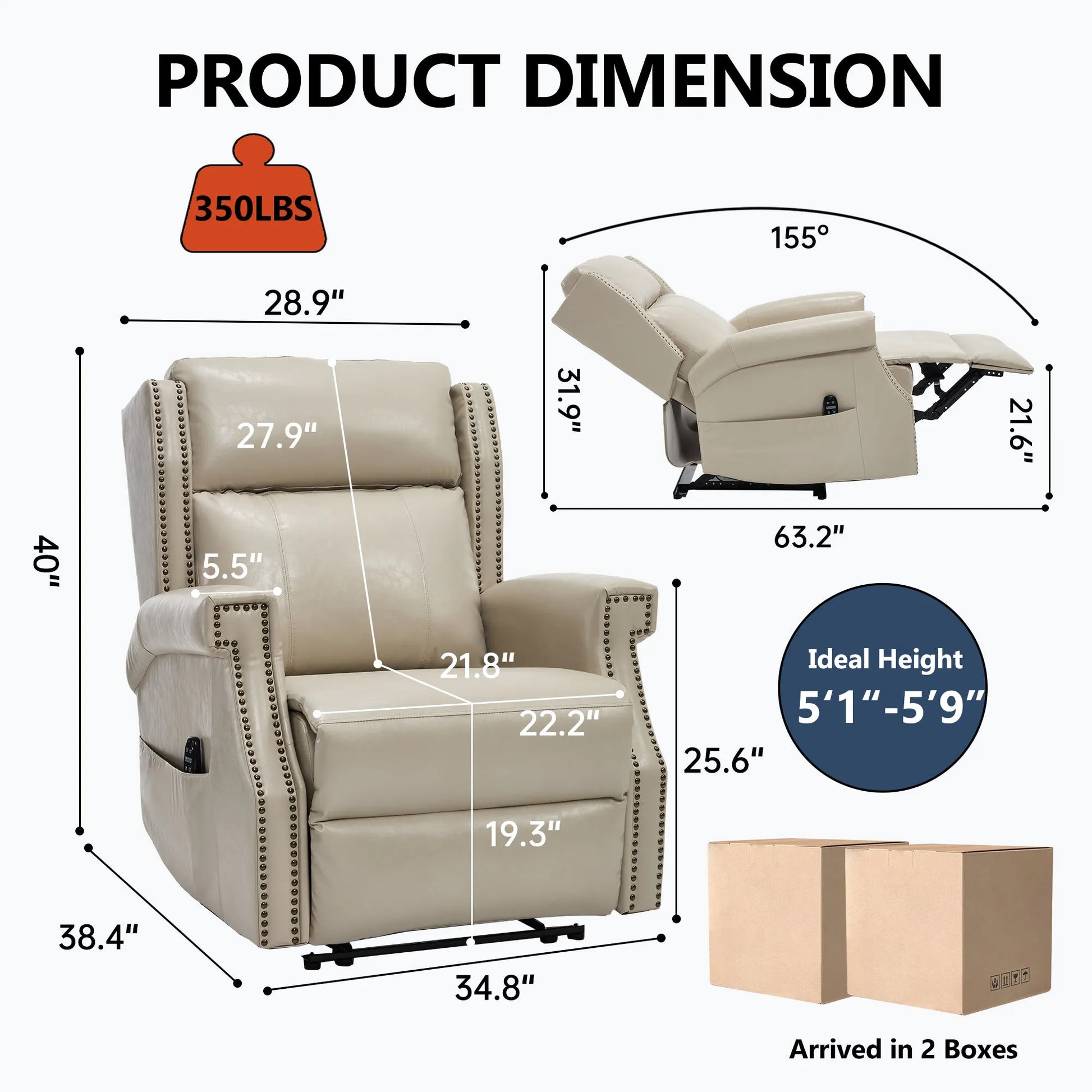 Beige recliner chair with dimensions and weight capacity displayed