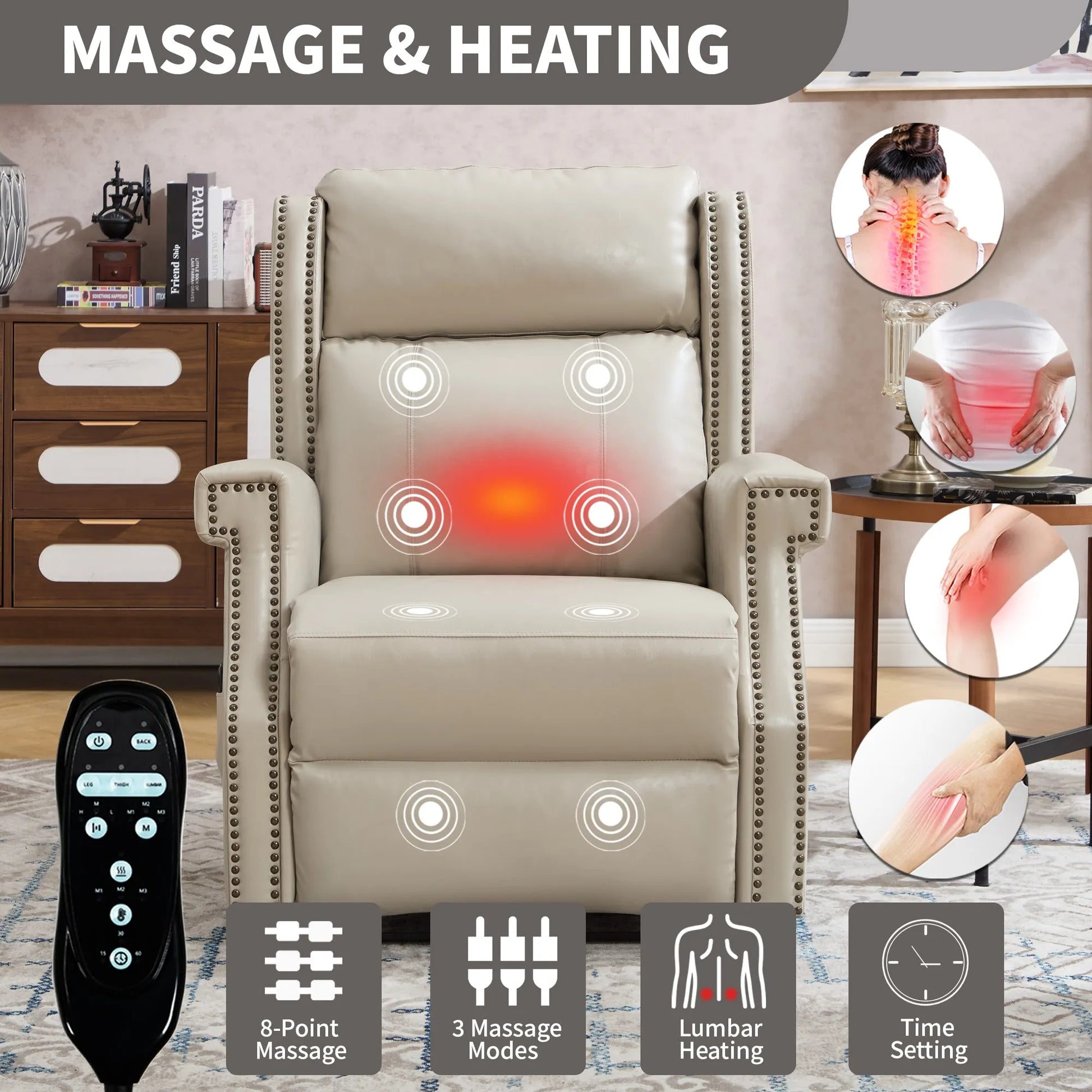 Massage and heating recliner chair with remote control in a living room setting