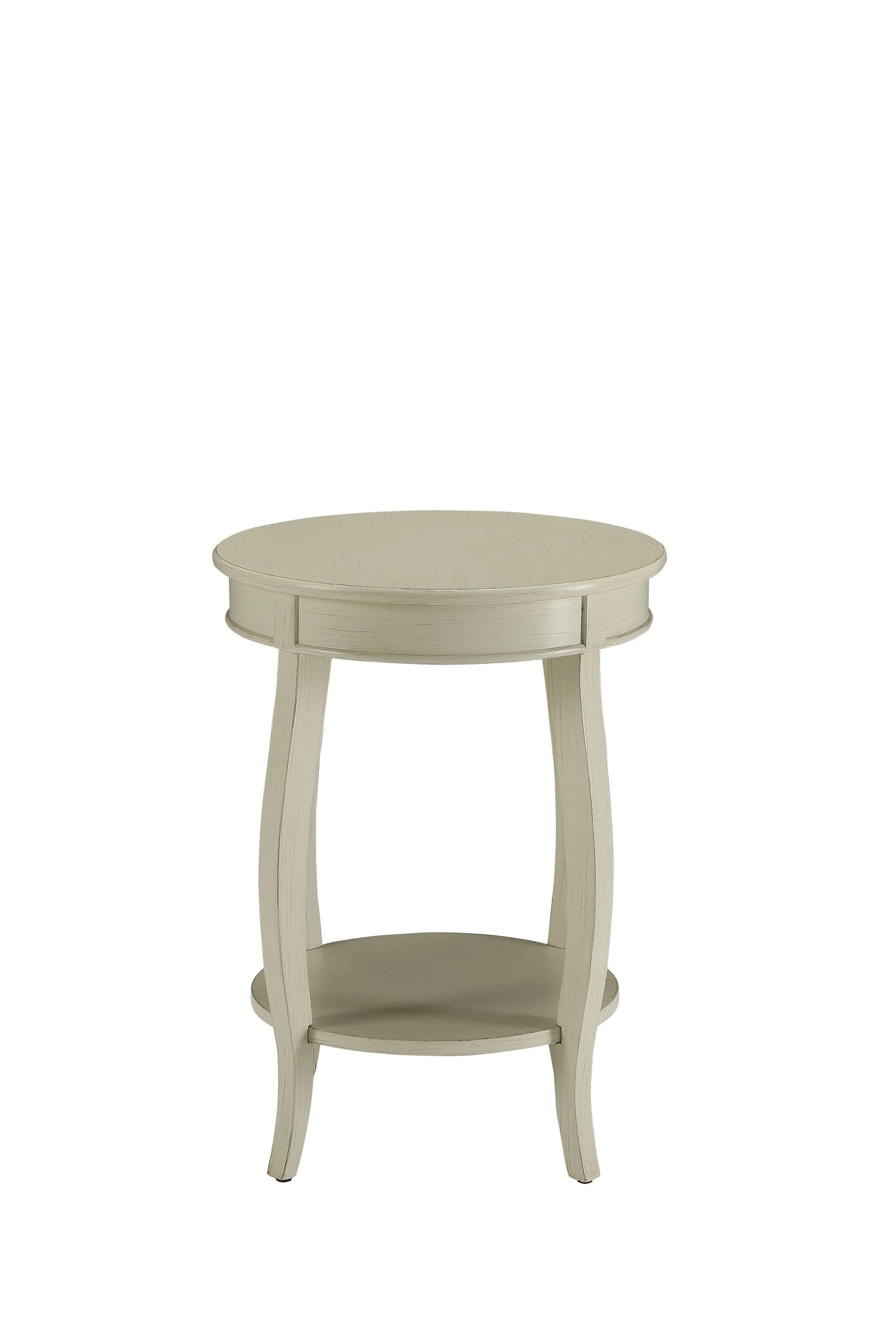 Antique white round end table with a shelf on a white background
