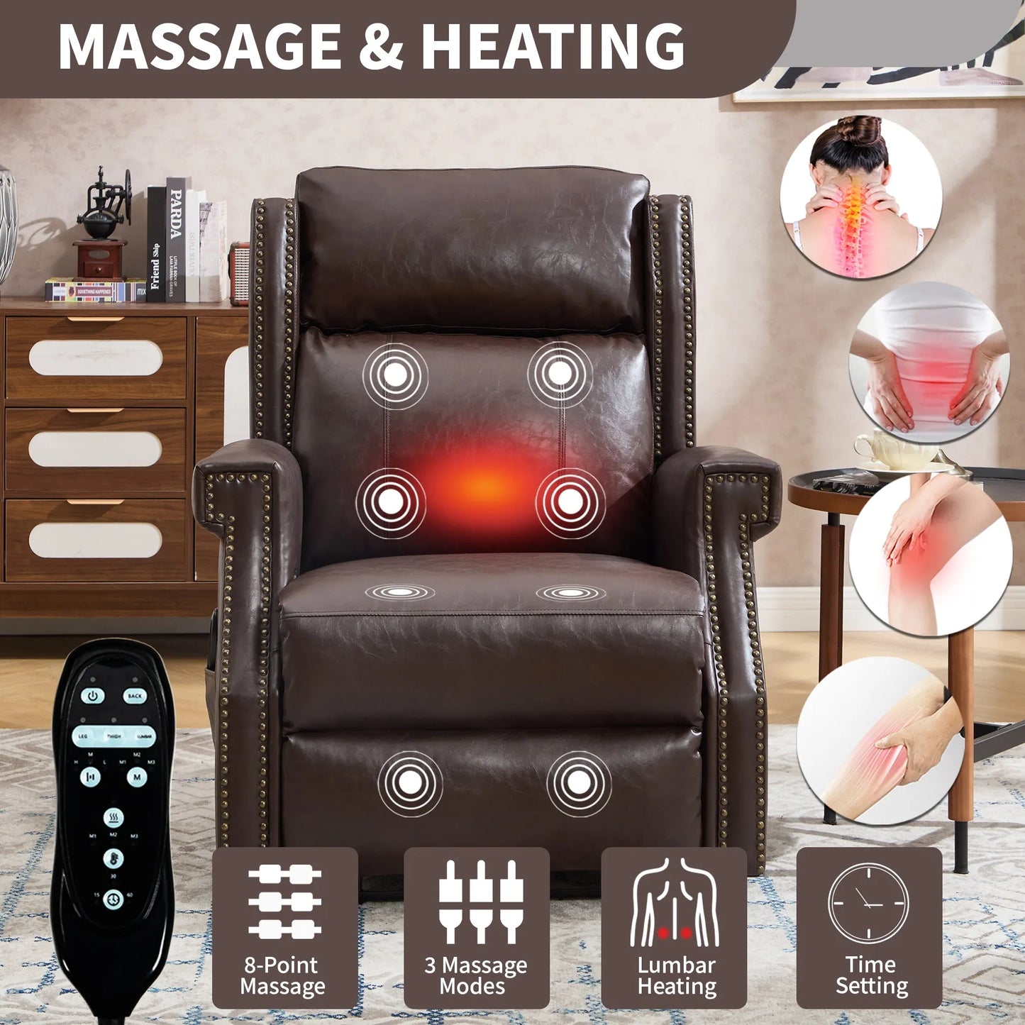 Brown massage and heating recliner chair with remote control in a living room setting.