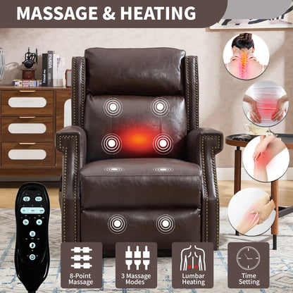 Brown massage and heating recliner chair with remote control in a living room setting.