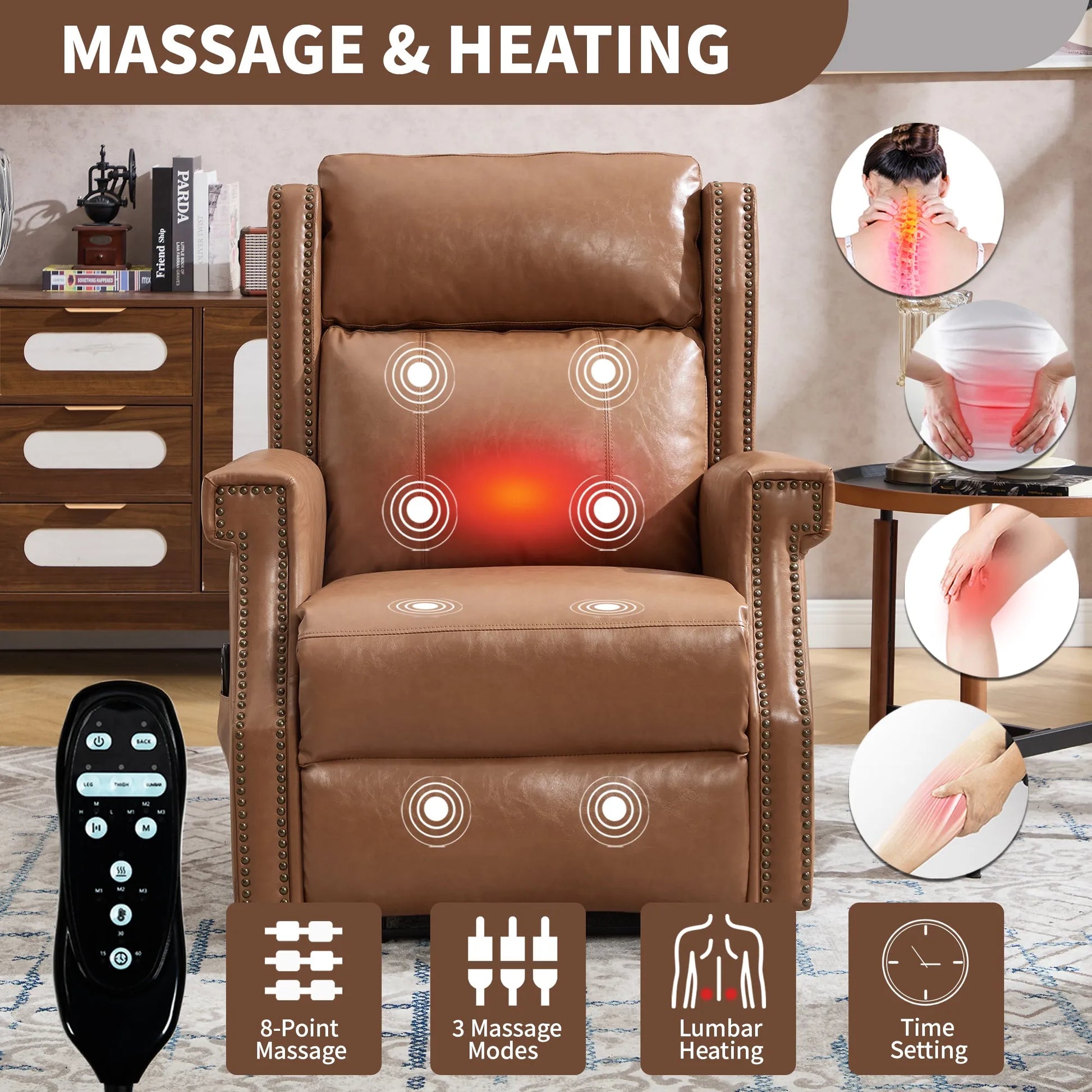 Brown massage recliner chair with remote control and feature icons in a living room setting.
