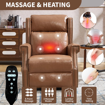 Brown massage recliner chair with remote control and feature icons in a living room setting.