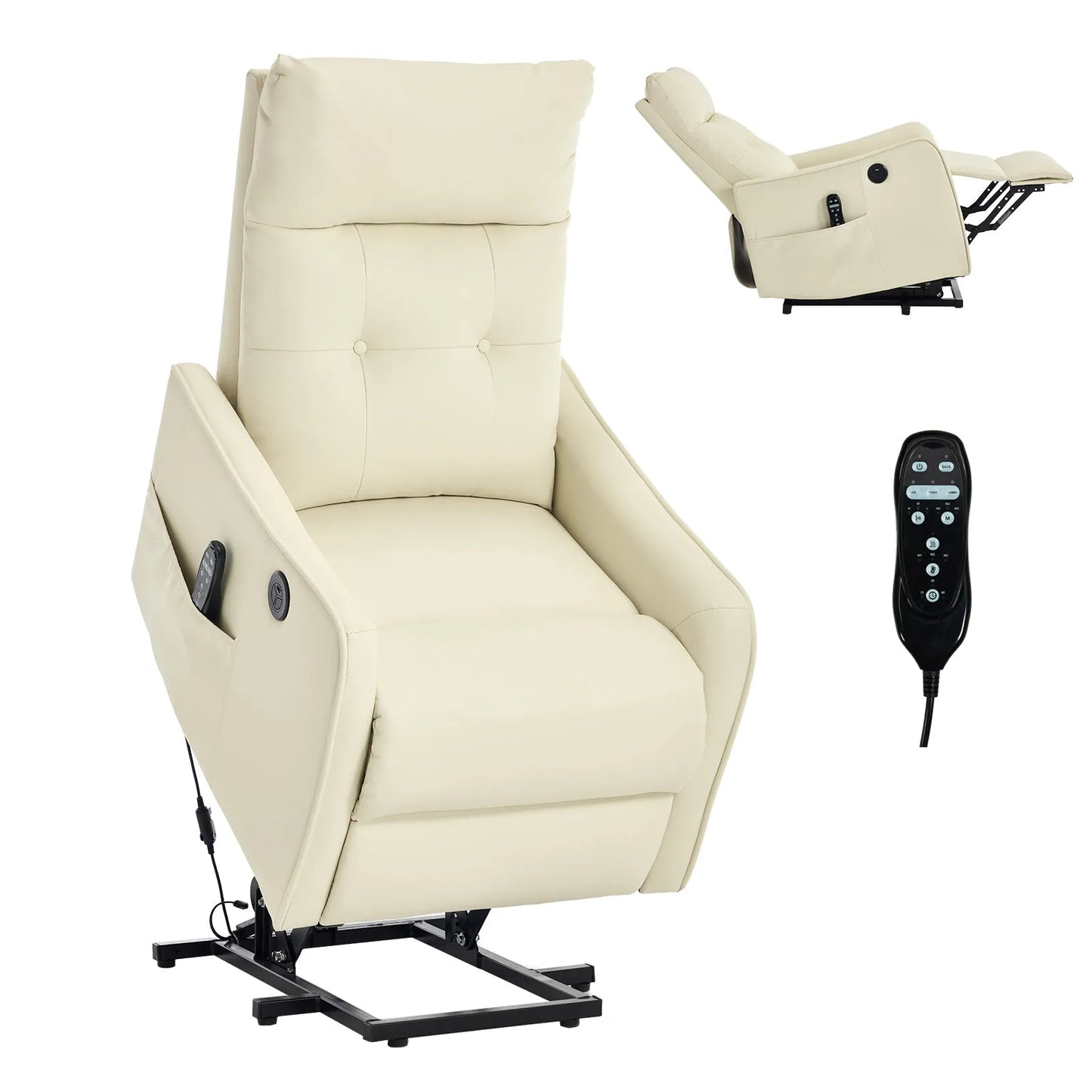 Beige recliner chair with remote control on a white background