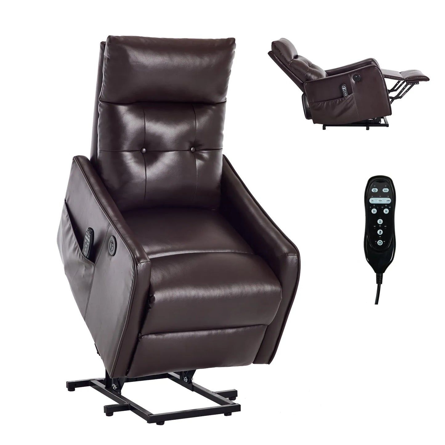 Brown leather recliner chair with remote control on a white background