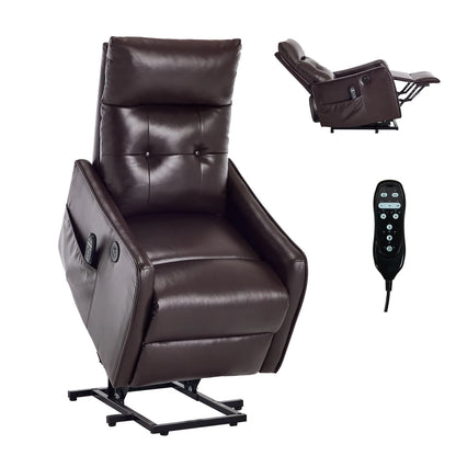 Brown leather recliner chair with remote control on a white background